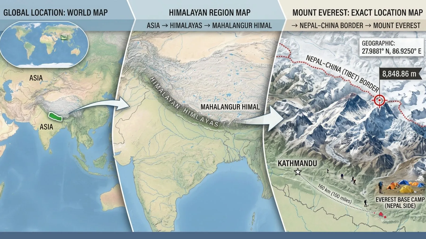 Mount Everest on the World Map (Asia Mount Everest Map)