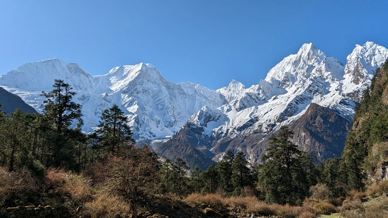 View of snowcapped peak on the way to Larkya Pass